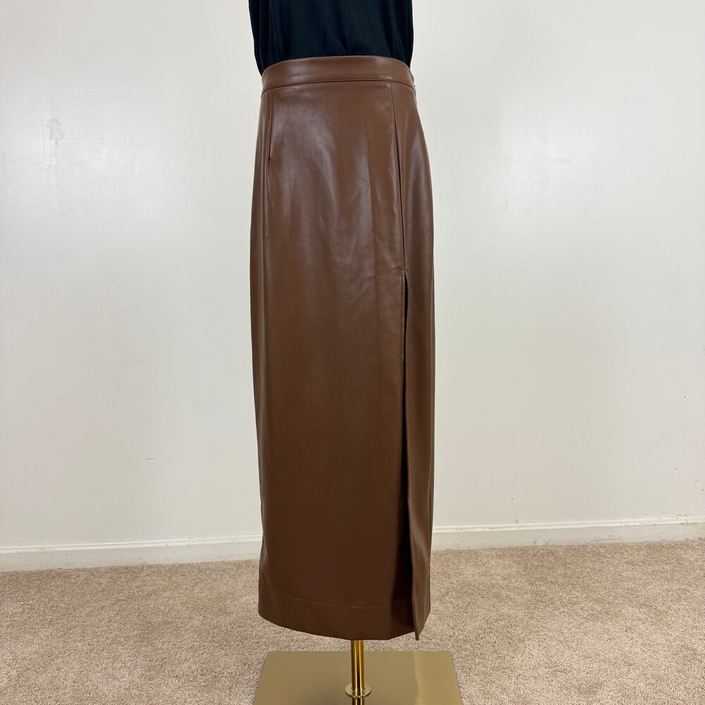 NWOT Common Sense Brown Long Faux Leather Skirt Side Slit Size Large